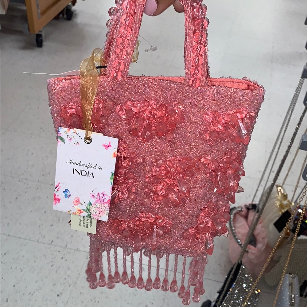 Handcrafted in India Pink Beaded Small Tote Bag